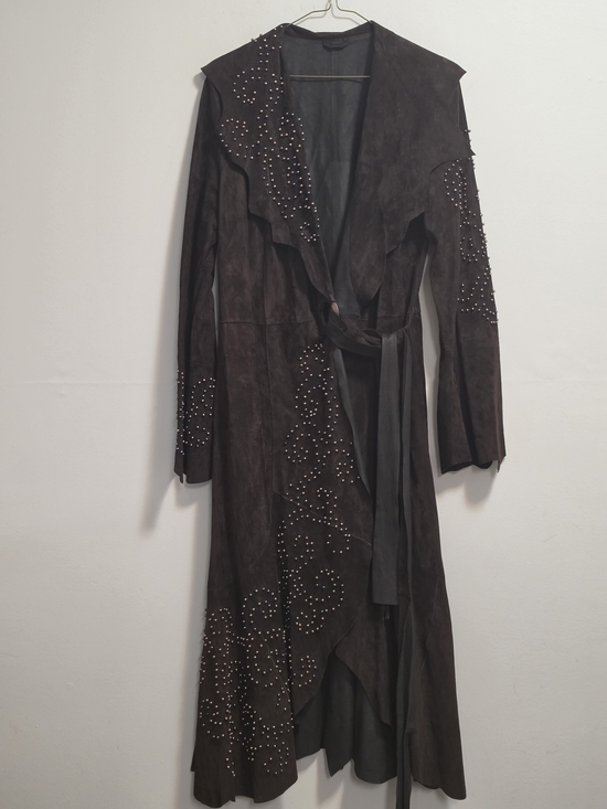 Jackets & Blazers - Vintage Dark Brown Long Suede Trench Coat with Stud Detail